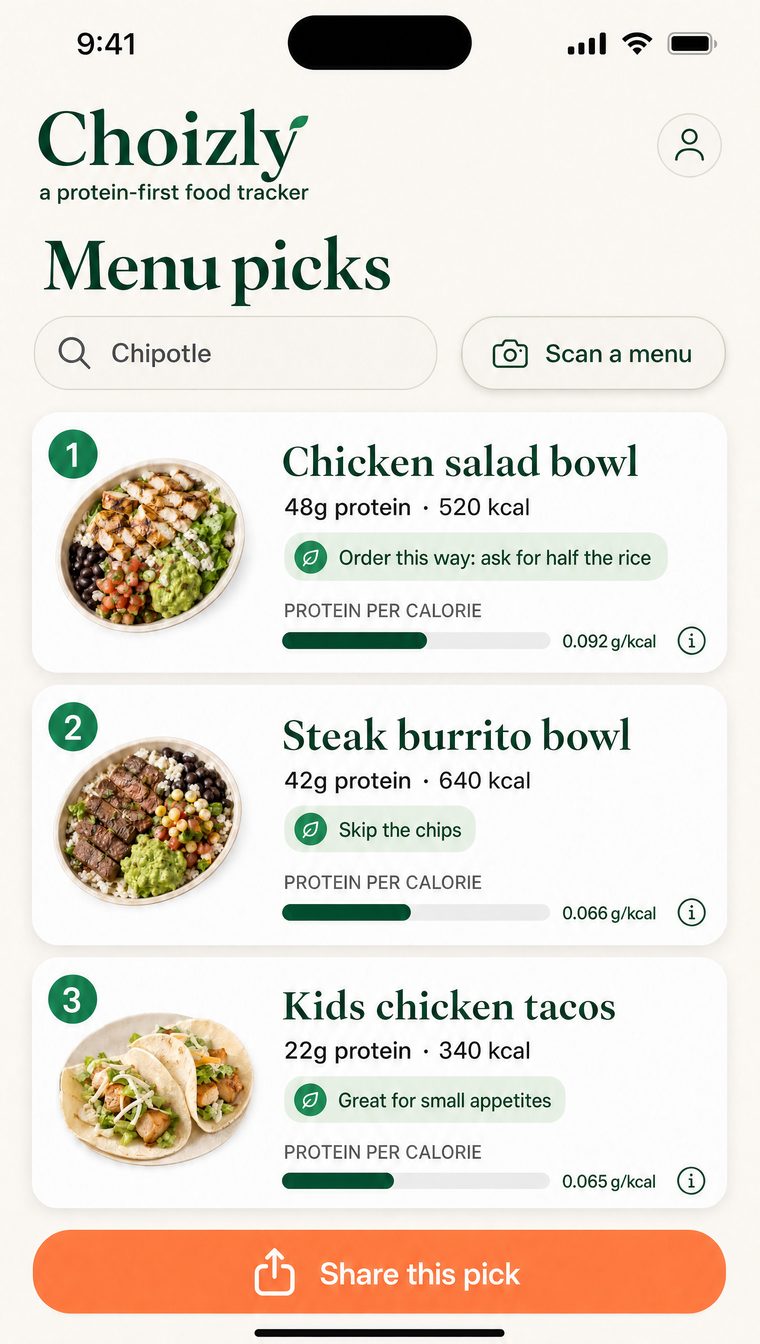 Choizly restaurant mode ranking menu items by protein