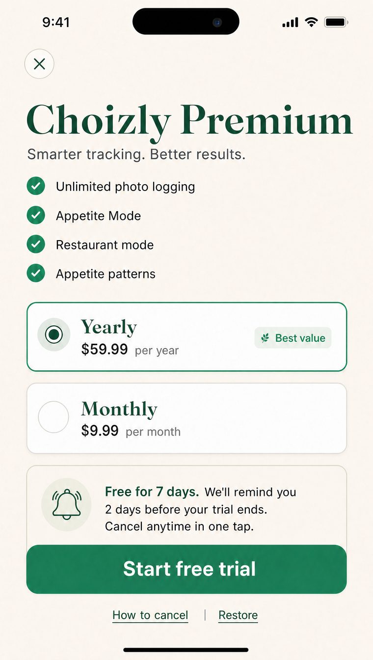 Choizly honest billing screen with trial reminder